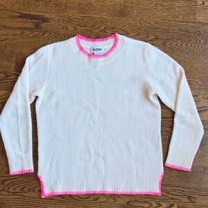 Ivory Two-ply Cashmere Crewneck Sweater with Hot Pink Trim
